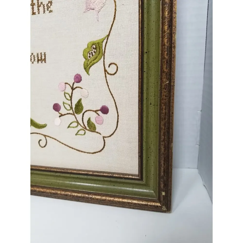 Vintage 18x20 Framed Handmade God Grant Serenity Cross Stitch Embroidery Floral